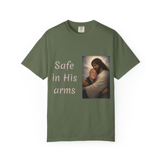 ADD A LOVED ONE-Safe in His Arms Jesus Hug T-Shirt | Christian Faith Prayer Tee