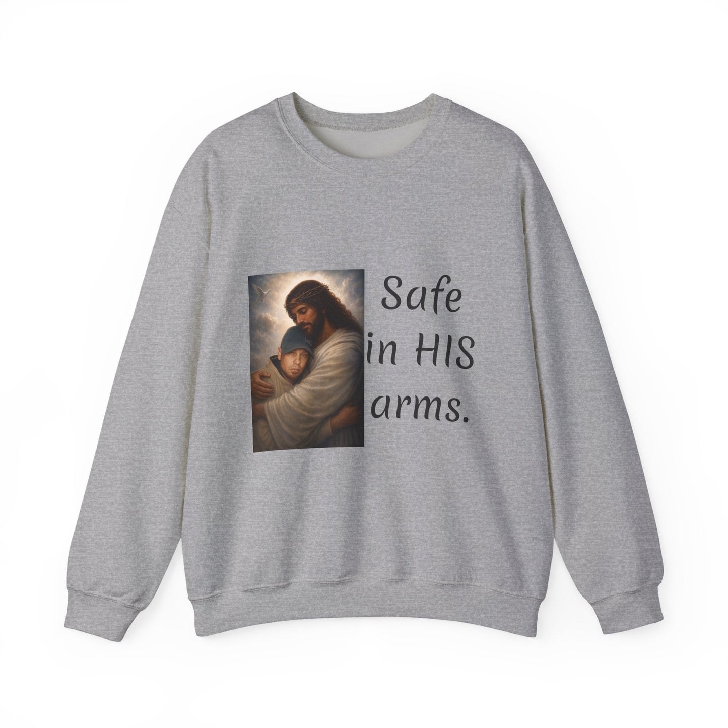 ADD YOU OR YOUR LOVED ONE1-send pic Jesus Holding Child crewneck sweatshirt | Safe in His Arms Christian faith design