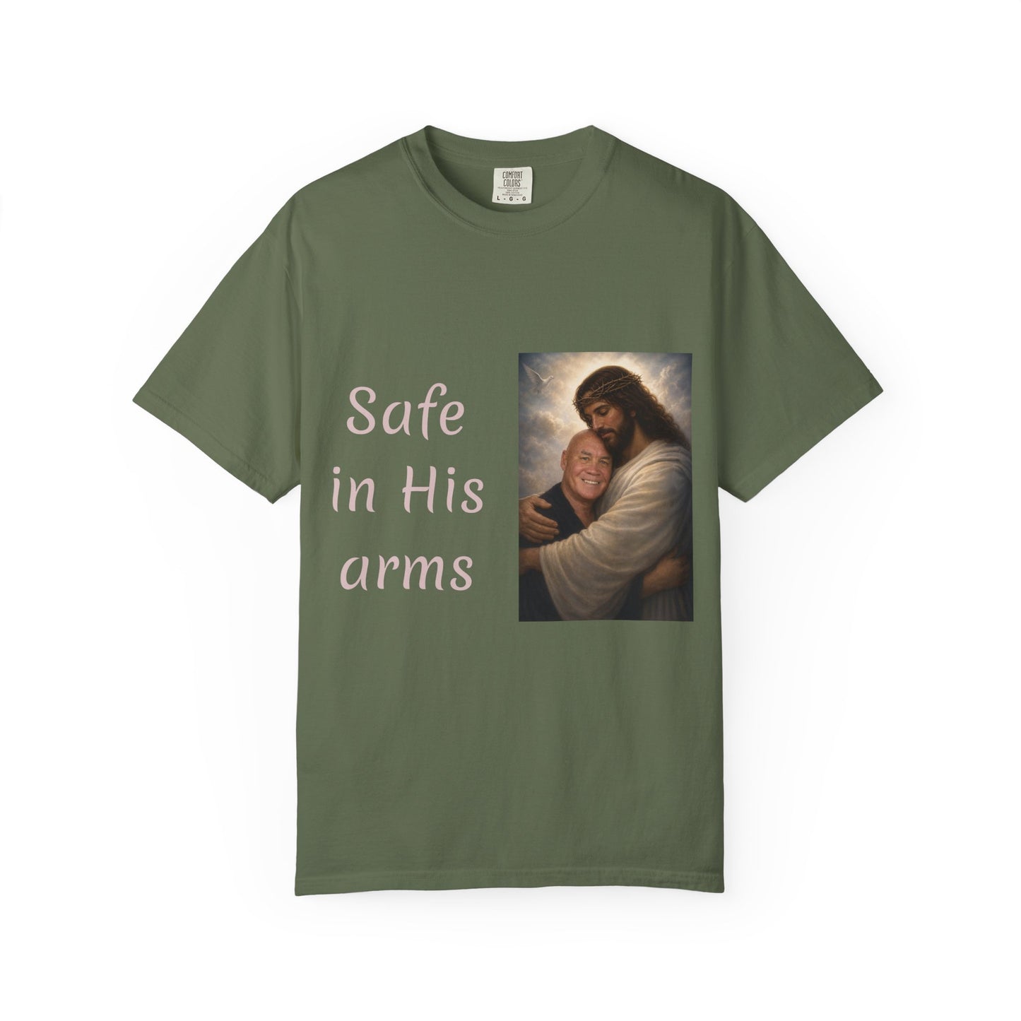 ADD A LOVED ONE-Safe in His Arms Jesus Hug T-Shirt | Christian Faith Prayer Tee