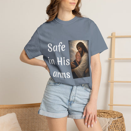 ADD A LOVED ONE-Safe in His Arms Jesus Hug T-Shirt | Christian Faith Prayer Tee