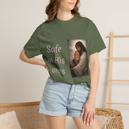 ADD A LOVED ONE-Safe in His Arms Jesus Hug T-Shirt | Christian Faith Prayer Tee