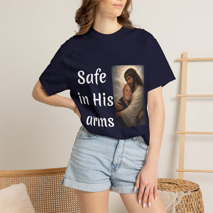 ADD A LOVED ONE-Safe in His Arms Jesus Hug T-Shirt | Christian Faith Prayer Tee