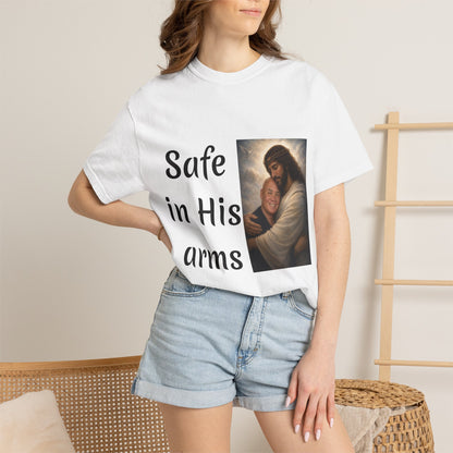 ADD A LOVED ONE-Safe in His Arms Jesus Hug T-Shirt | Christian Faith Prayer Tee