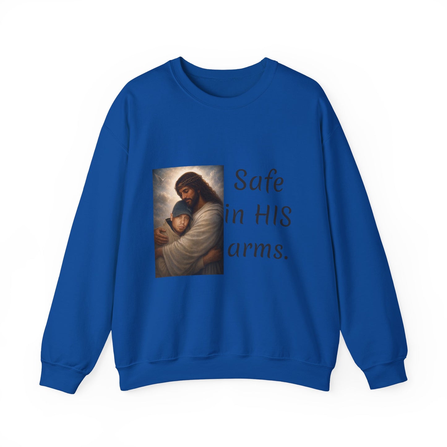 ADD YOU OR YOUR LOVED ONE1-send pic Jesus Holding Child crewneck sweatshirt | Safe in His Arms Christian faith design