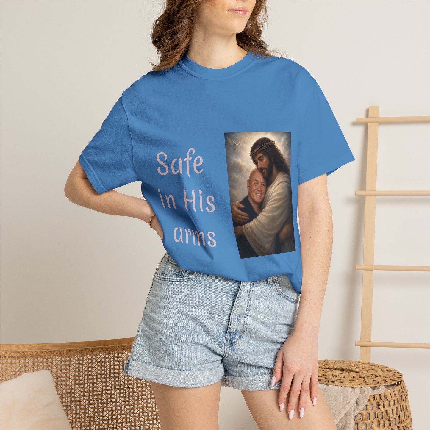 ADD A LOVED ONE-Safe in His Arms Jesus Hug T-Shirt | Christian Faith Prayer Tee