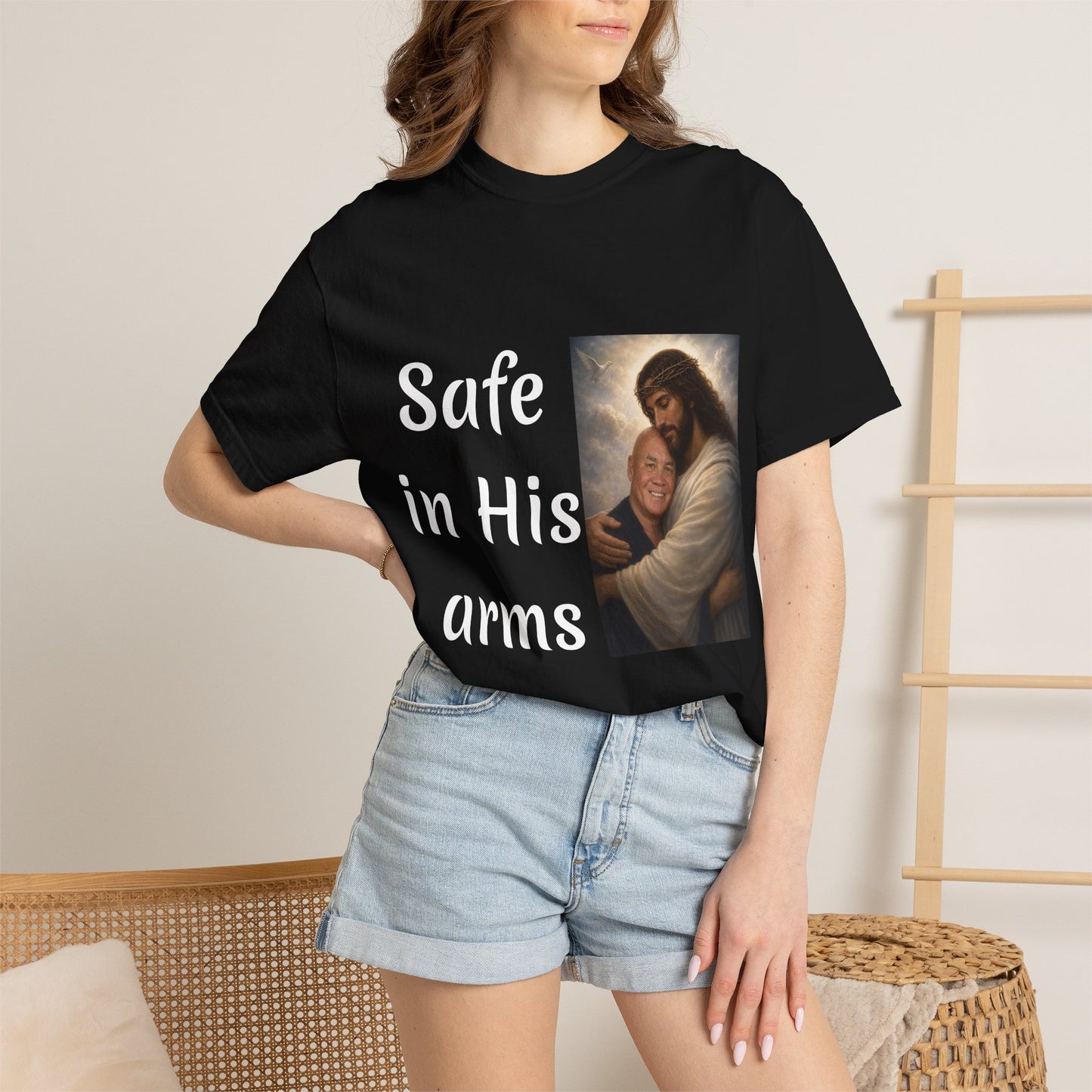 ADD A LOVED ONE-Safe in His Arms Jesus Hug T-Shirt | Christian Faith Prayer Tee