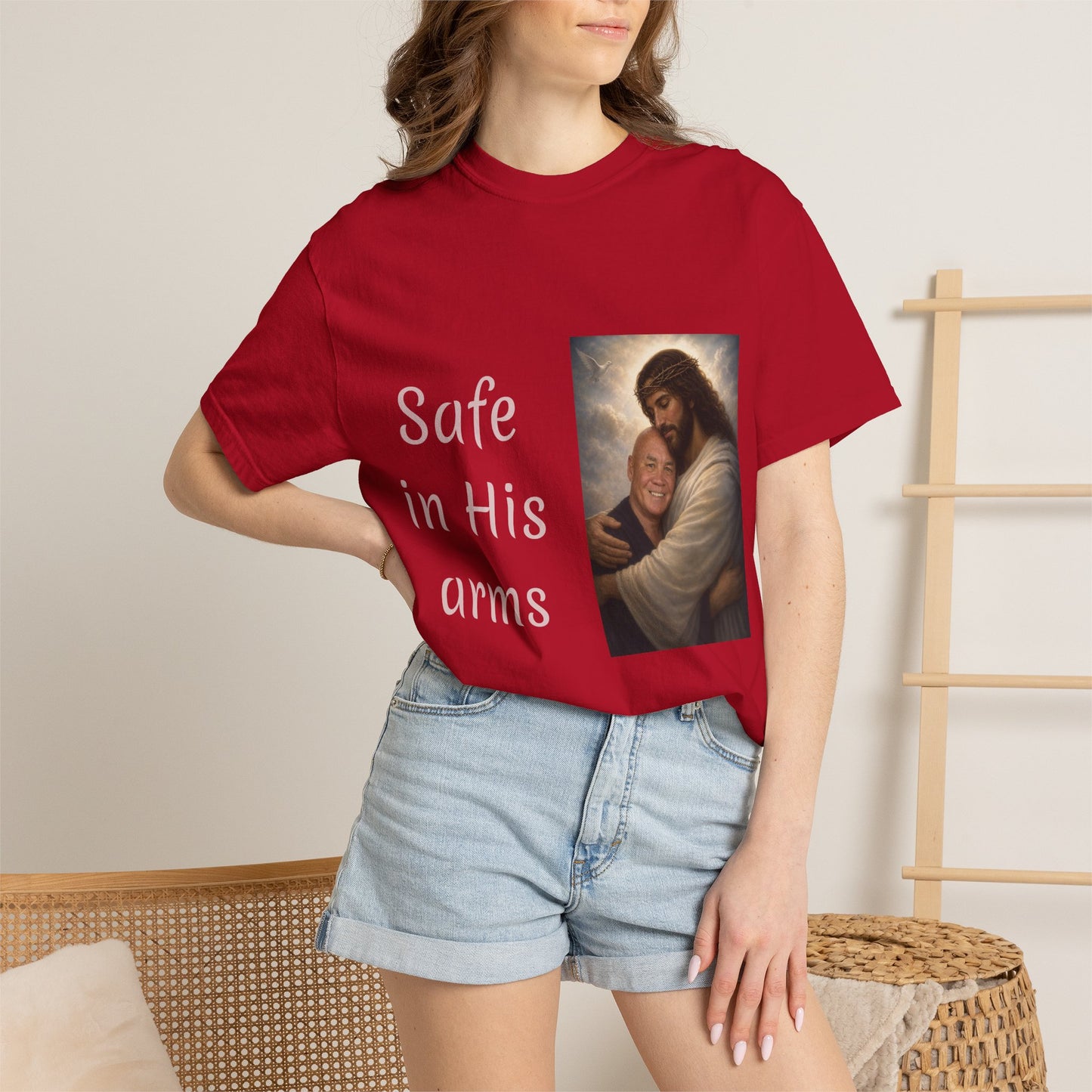 ADD A LOVED ONE-Safe in His Arms Jesus Hug T-Shirt | Christian Faith Prayer Tee