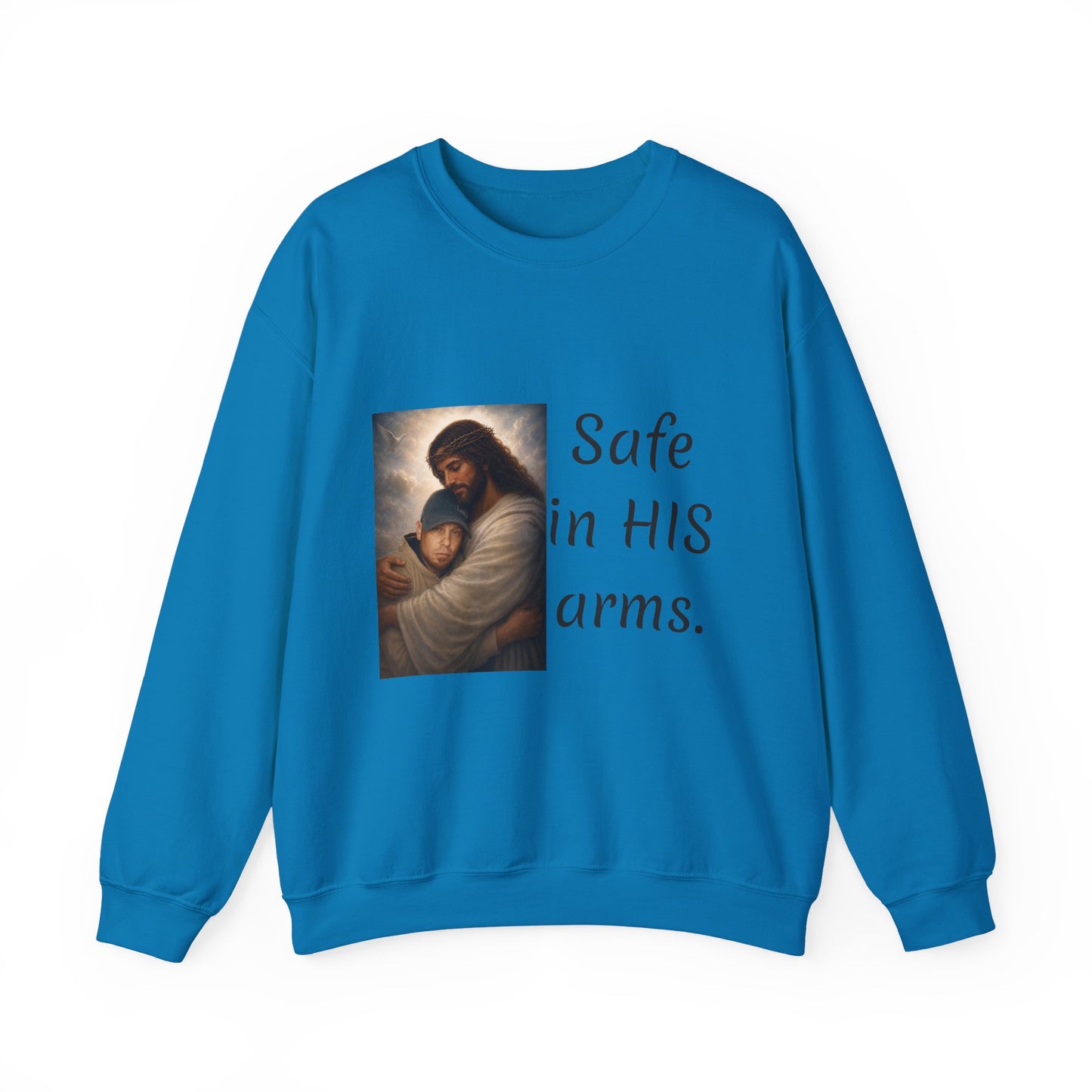 ADD YOU OR YOUR LOVED ONE1-send pic Jesus Holding Child crewneck sweatshirt | Safe in His Arms Christian faith design