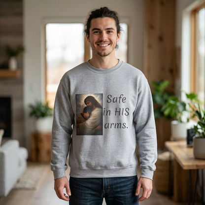ADD YOU OR YOUR LOVED ONE1-send pic Jesus Holding Child crewneck sweatshirt | Safe in His Arms Christian faith design