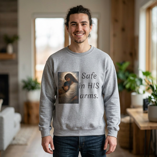ADD YOU OR YOUR LOVED ONE1-send pic Jesus Holding Child crewneck sweatshirt | Safe in His Arms Christian faith design