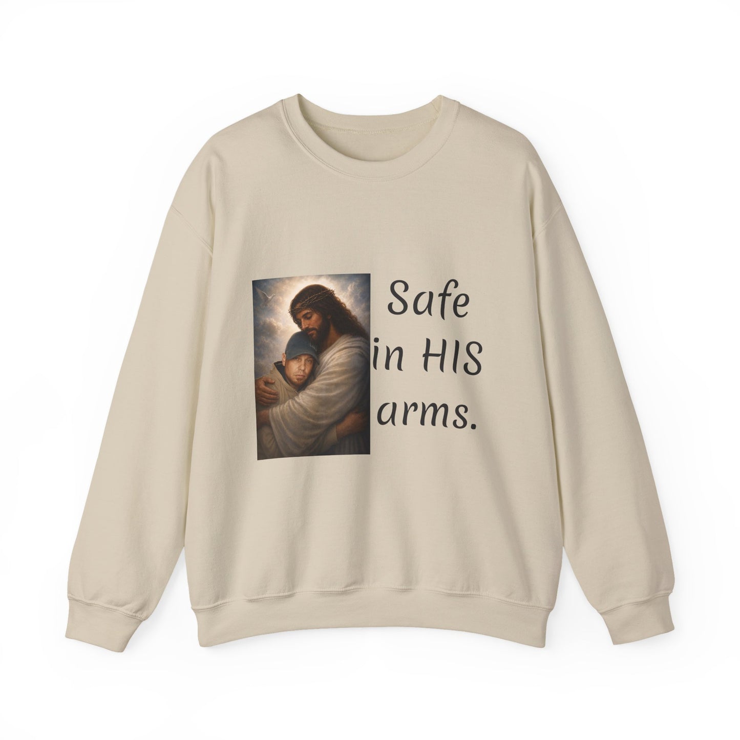 ADD YOU OR YOUR LOVED ONE1-send pic Jesus Holding Child crewneck sweatshirt | Safe in His Arms Christian faith design