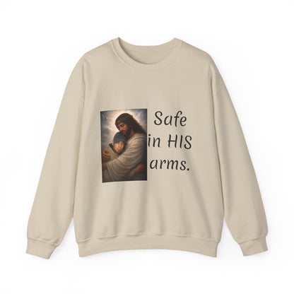 ADD YOU OR YOUR LOVED ONE1-send pic Jesus Holding Child crewneck sweatshirt | Safe in His Arms Christian faith design