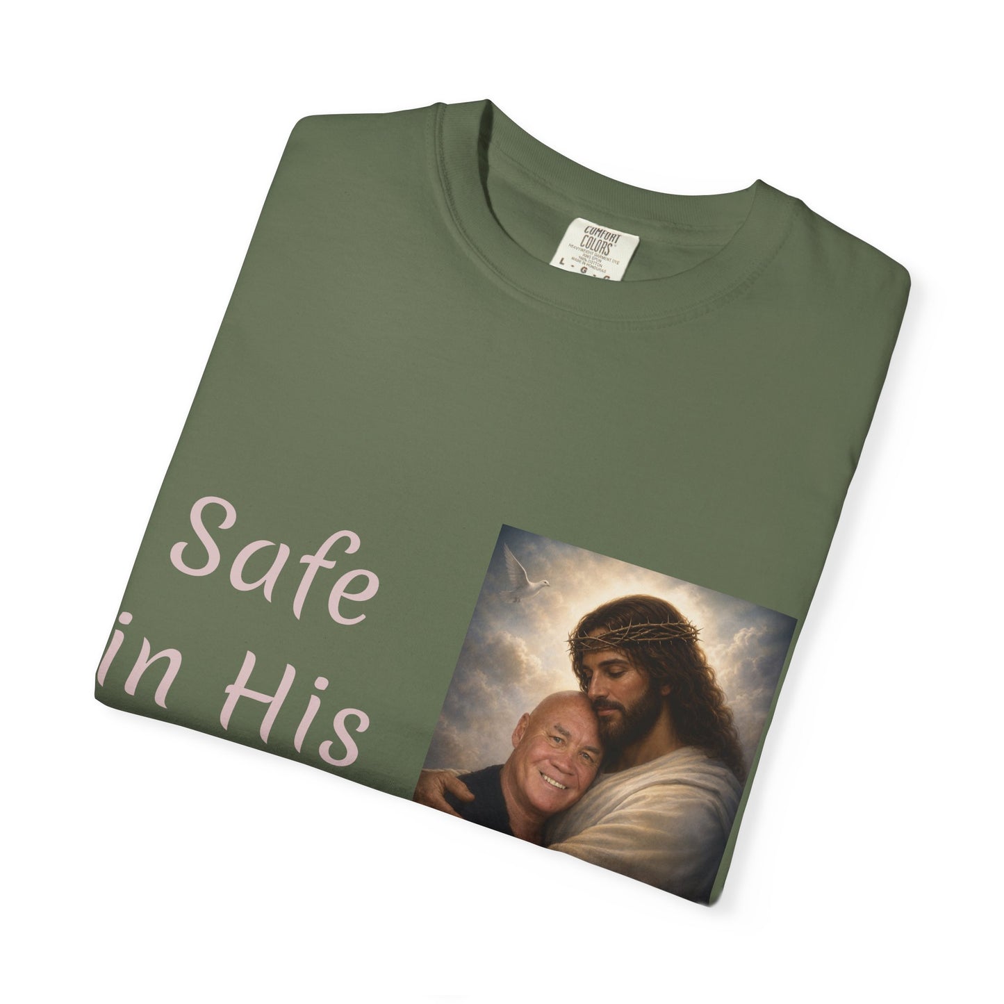 ADD A LOVED ONE-Safe in His Arms Jesus Hug T-Shirt | Christian Faith Prayer Tee