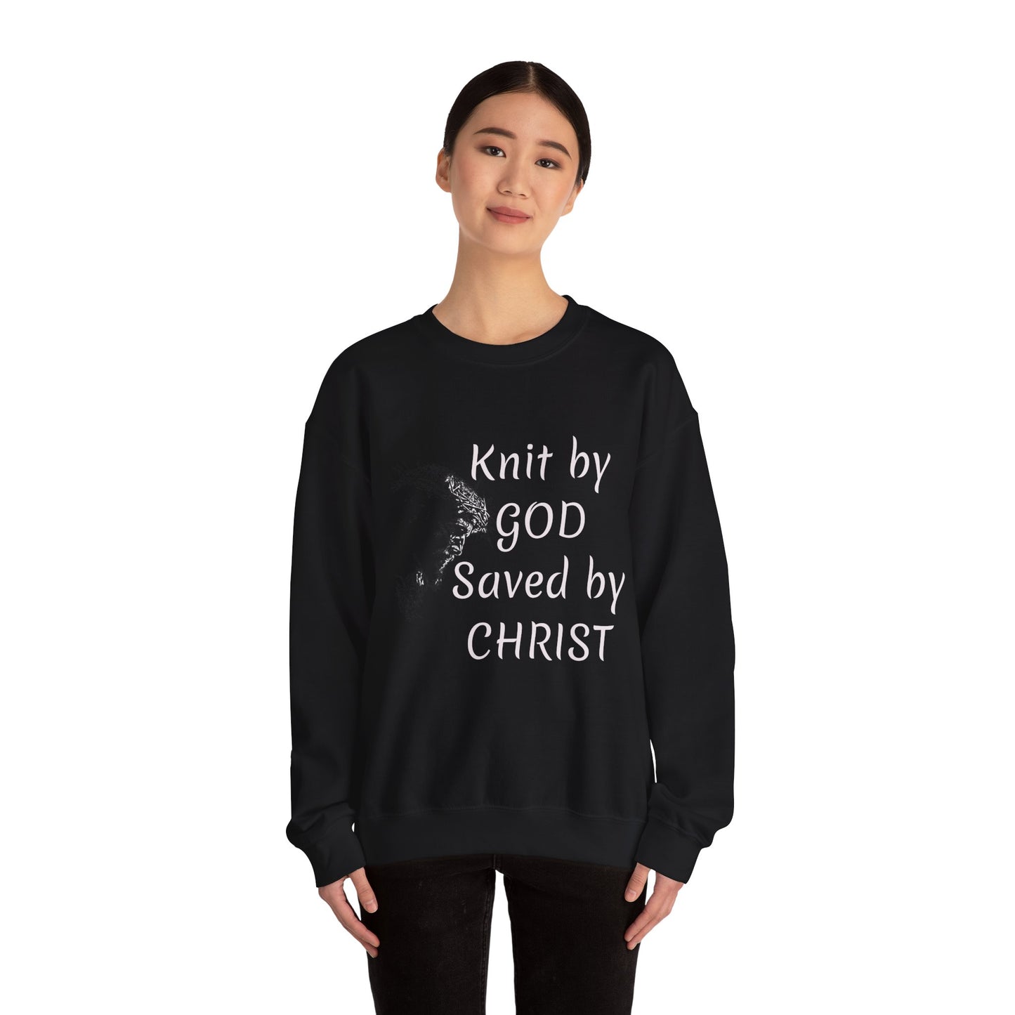Knit by God Saved by Christ Sweatshirt | Christian Faith Graphic Pullover