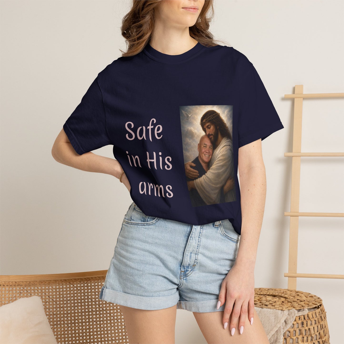 ADD A LOVED ONE-Safe in His Arms Jesus Hug T-Shirt | Christian Faith Prayer Tee