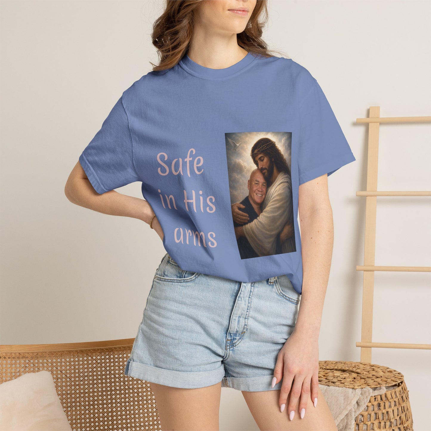 ADD A LOVED ONE-Safe in His Arms Jesus Hug T-Shirt | Christian Faith Prayer Tee