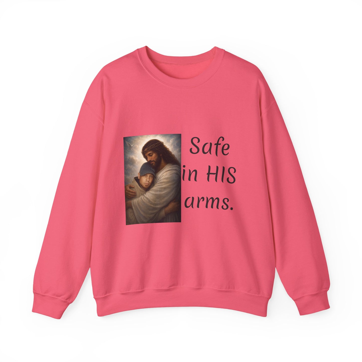 ADD YOU OR YOUR LOVED ONE1-send pic Jesus Holding Child crewneck sweatshirt | Safe in His Arms Christian faith design