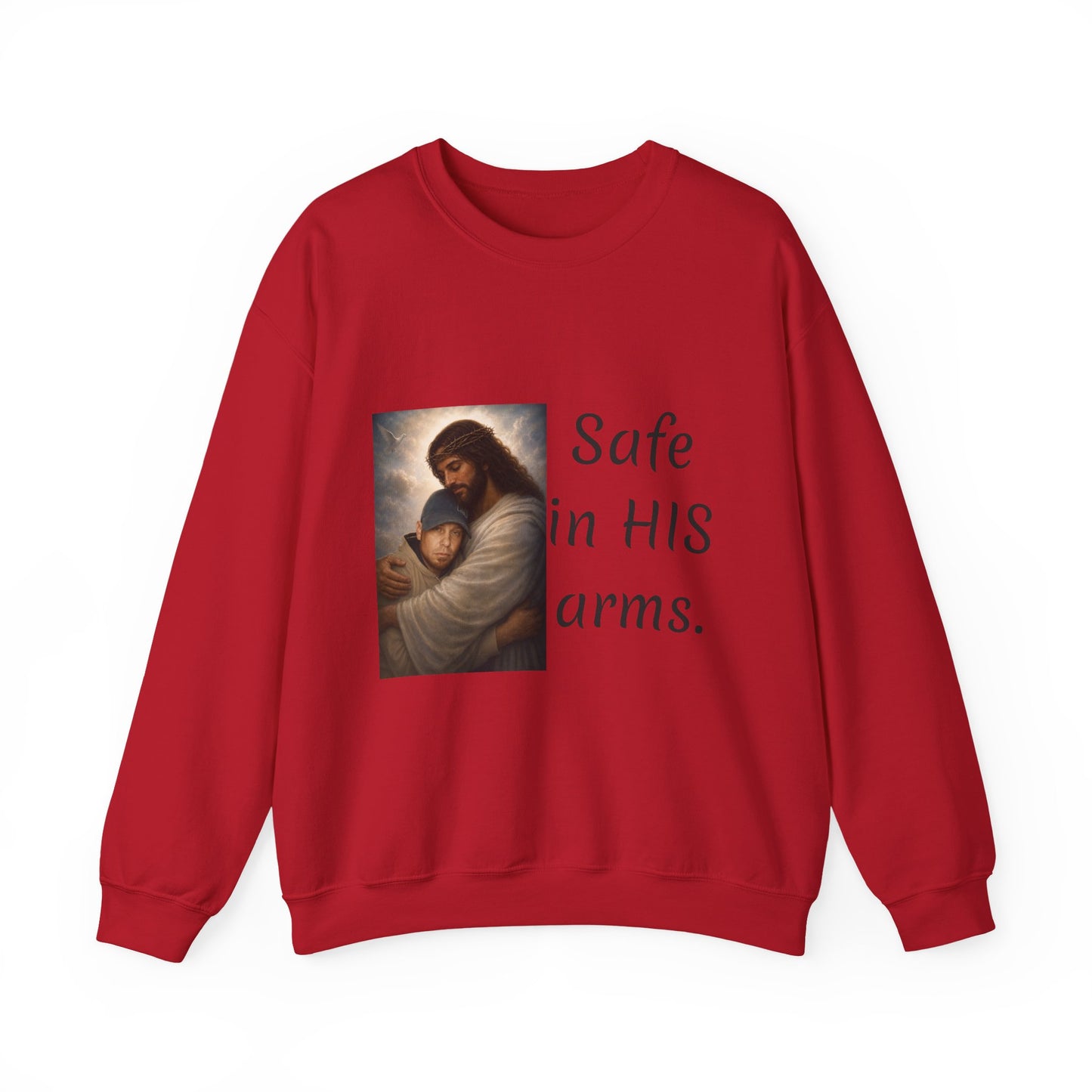 ADD YOU OR YOUR LOVED ONE1-send pic Jesus Holding Child crewneck sweatshirt | Safe in His Arms Christian faith design
