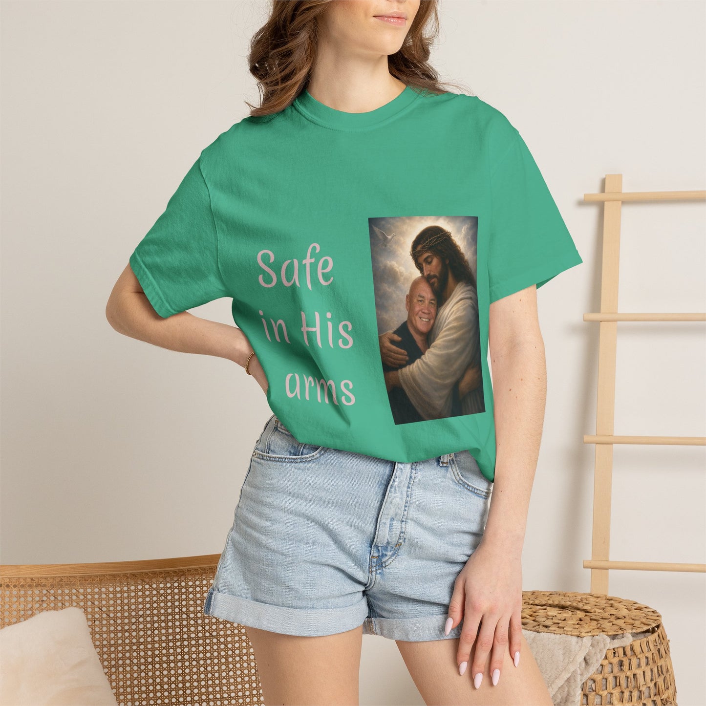 ADD A LOVED ONE-Safe in His Arms Jesus Hug T-Shirt | Christian Faith Prayer Tee