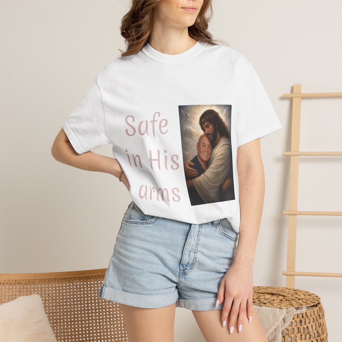 ADD A LOVED ONE-Safe in His Arms Jesus Hug T-Shirt | Christian Faith Prayer Tee